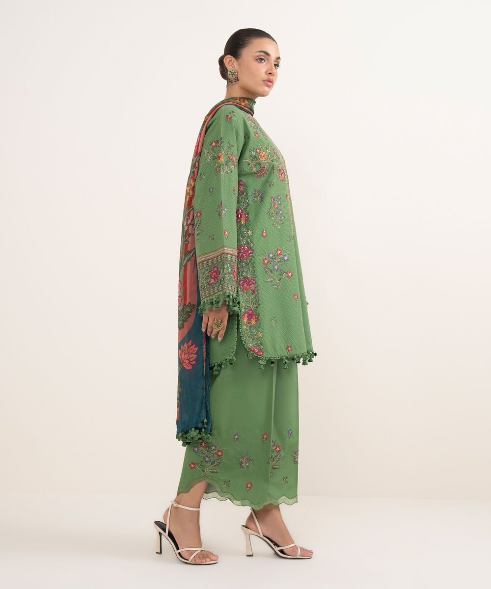 Women's Unstitched Dobby Embroidered Green 3 Piece Suit