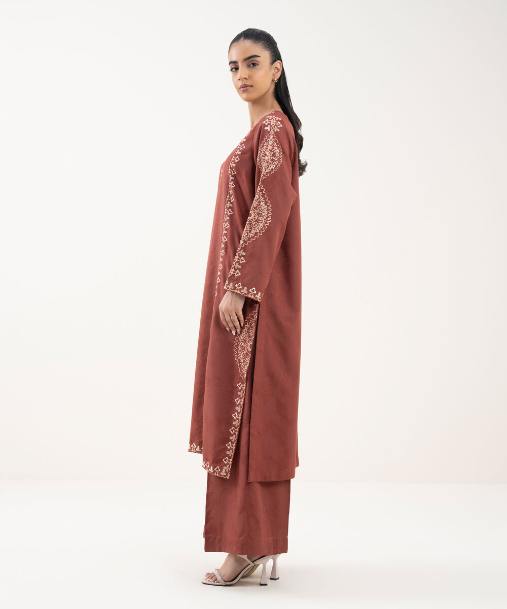 Women's RTW Cotton Jacquard Embroidered Red A-Line Shirt