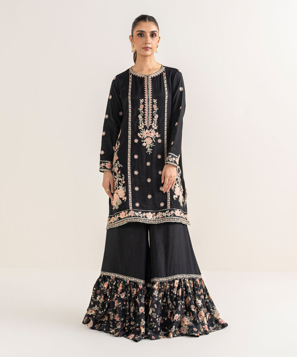 Women's RTW Viscose Raw Silk Black Embroidered Straight Shirt