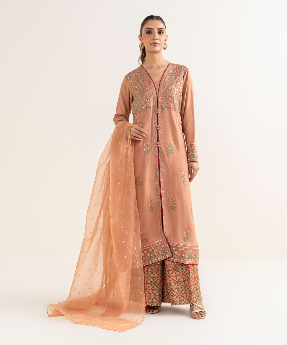 Women's RTW Viscose Raw Silk Pink Embroidered Peshwas