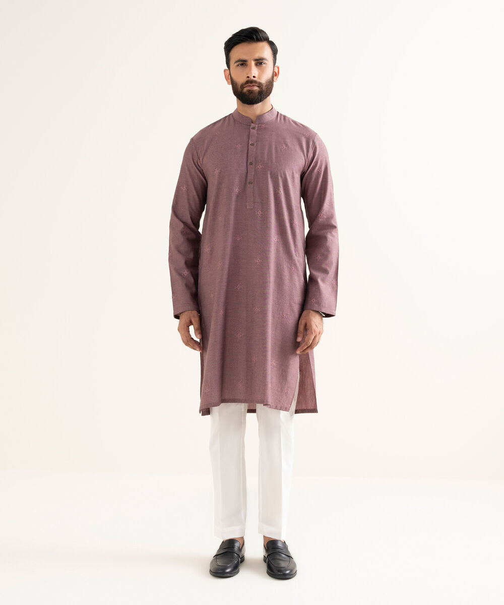 Men's Yarndyed Wash & Wear Embroidered Purple Kurta
