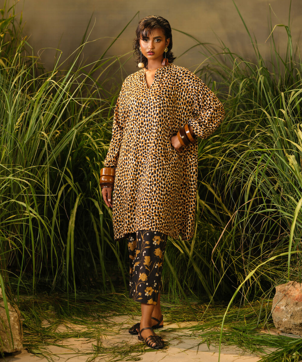 Women's RTW Arabic Lawn Brown Printed Drop Shoulder Shirt