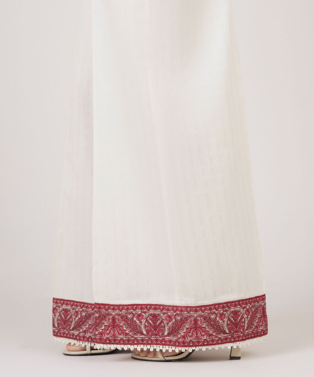 Women's RTW Textured Cotton Off White Embroidered Flared Pants
