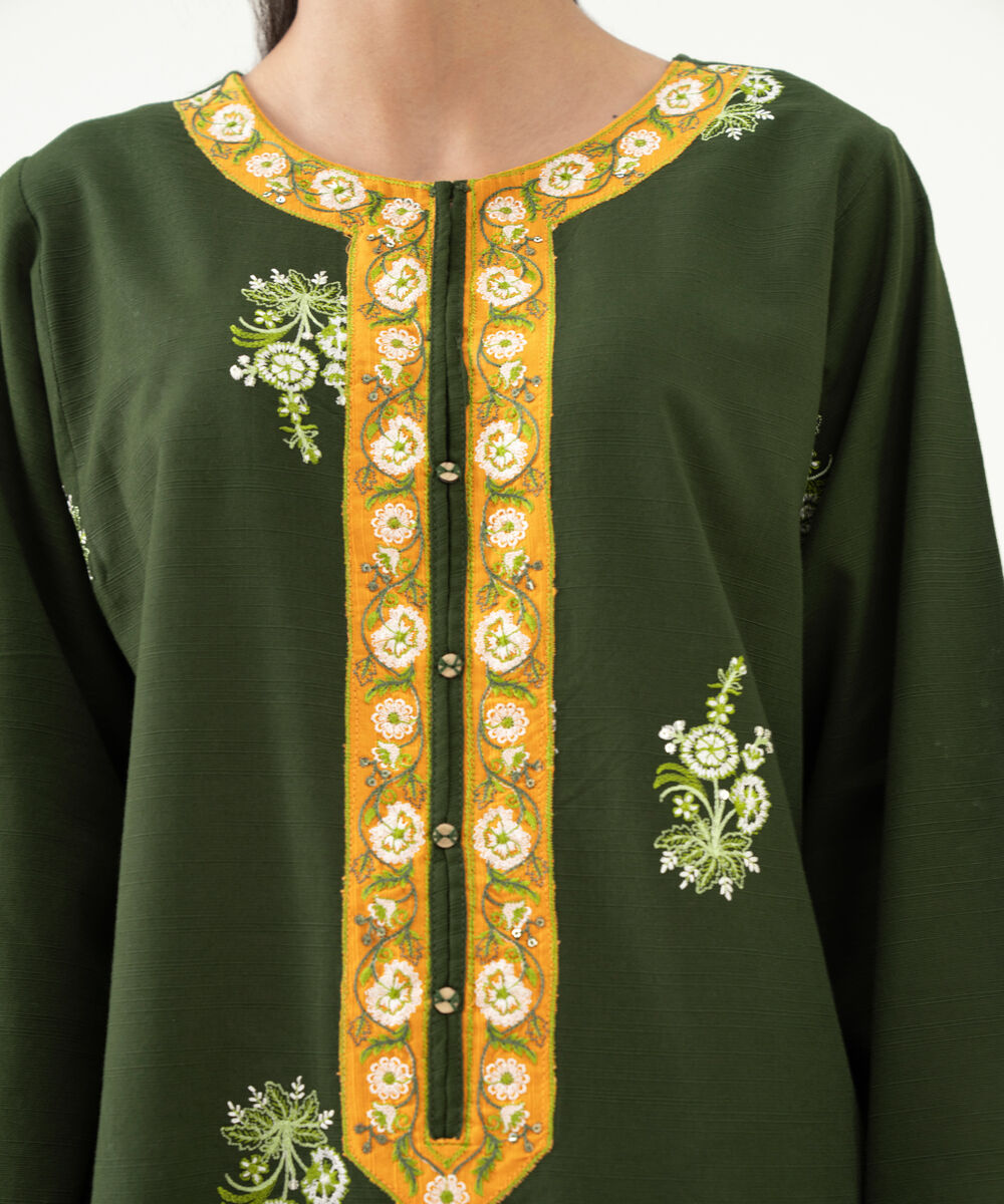 Women's RTW Light Khaddar Green Embroidered Straight Shirt