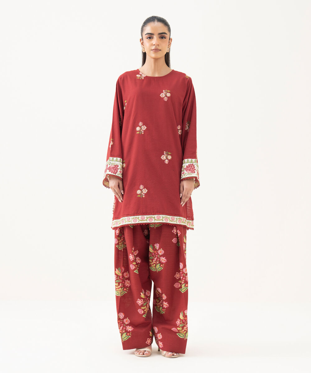Women's RTW Light Khaddar Embroidered Red Straight Shirt