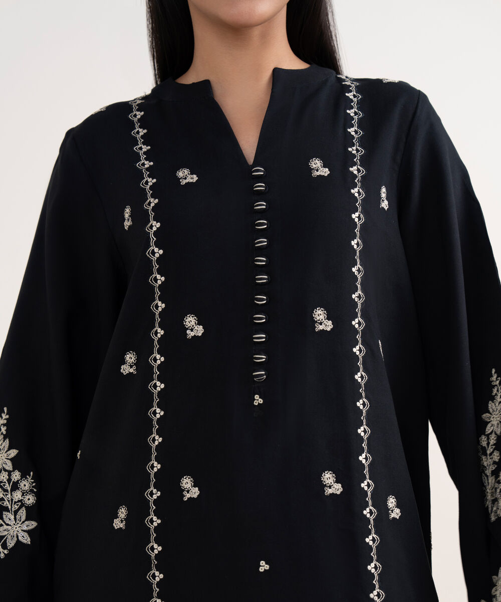 Women's Unstitched Linen Embroidered Black 3 Piece Suit