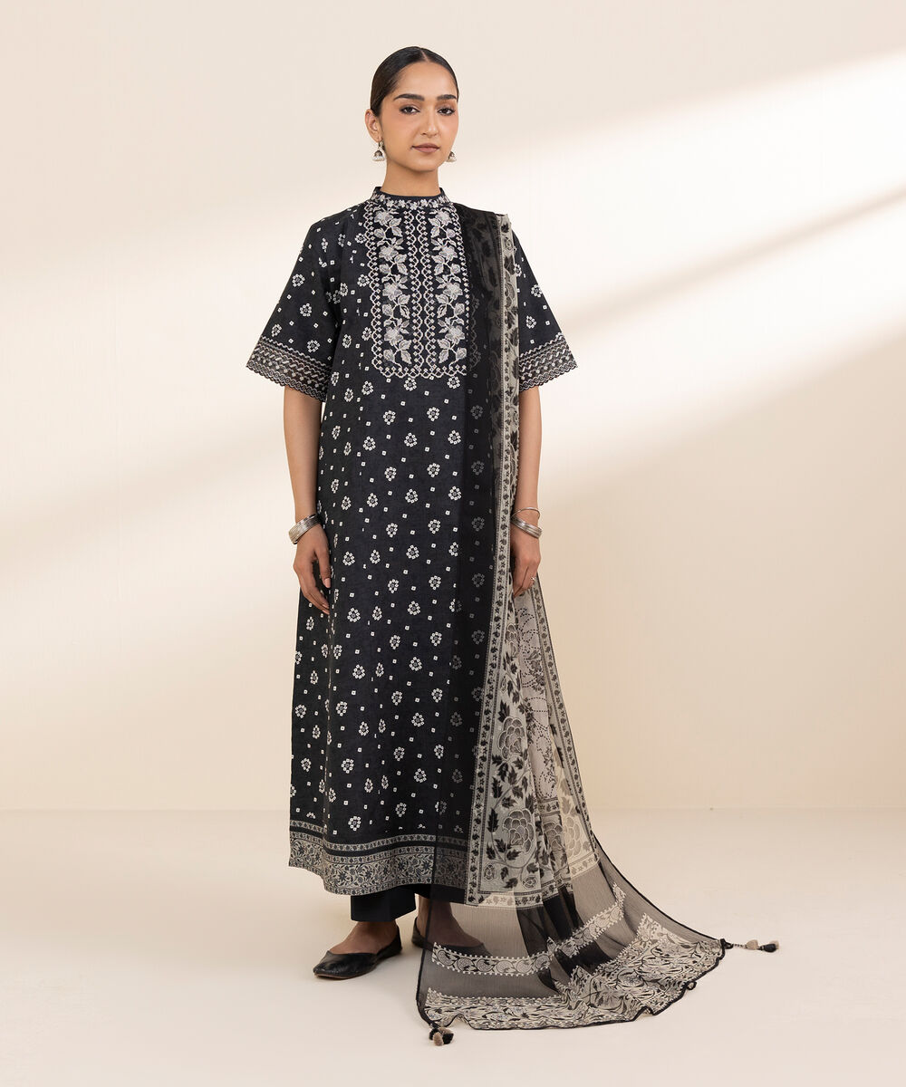 Women's Unstitched Cotton Embroidered Black 2 Piece Suit