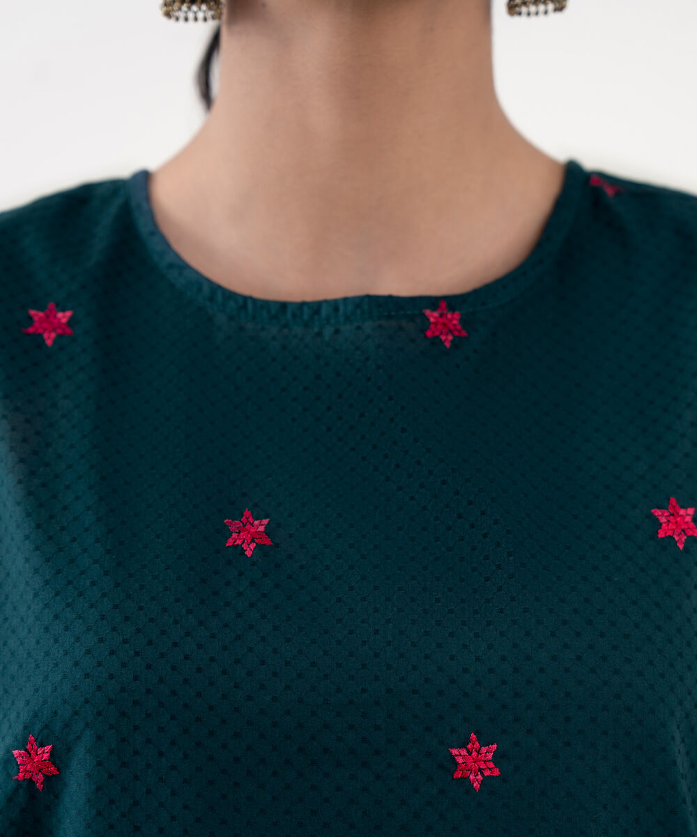 Women's RTW Textured Cotton Blue Embroidered Straight Shirt