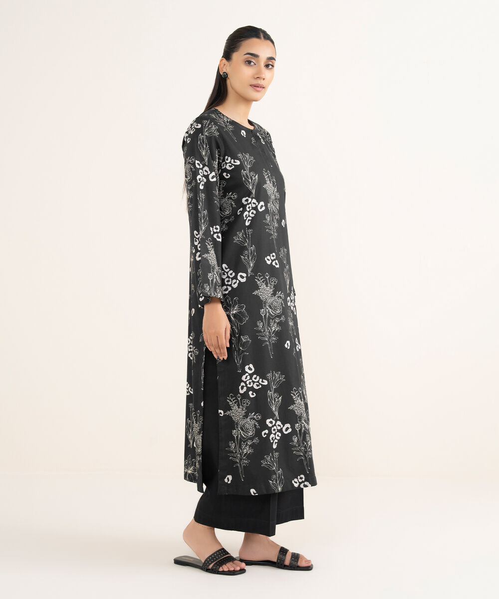 Women's RTW Viscose Lawn Black Printed Straight Shirt