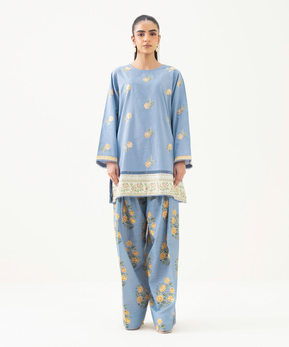 Women's RTW Light Khaddar Blue Embroidered Boxy Shirt