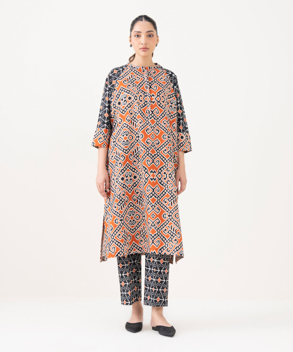 Women's RTW Light Khaddar Printed Black Drop Shoulder Shirt