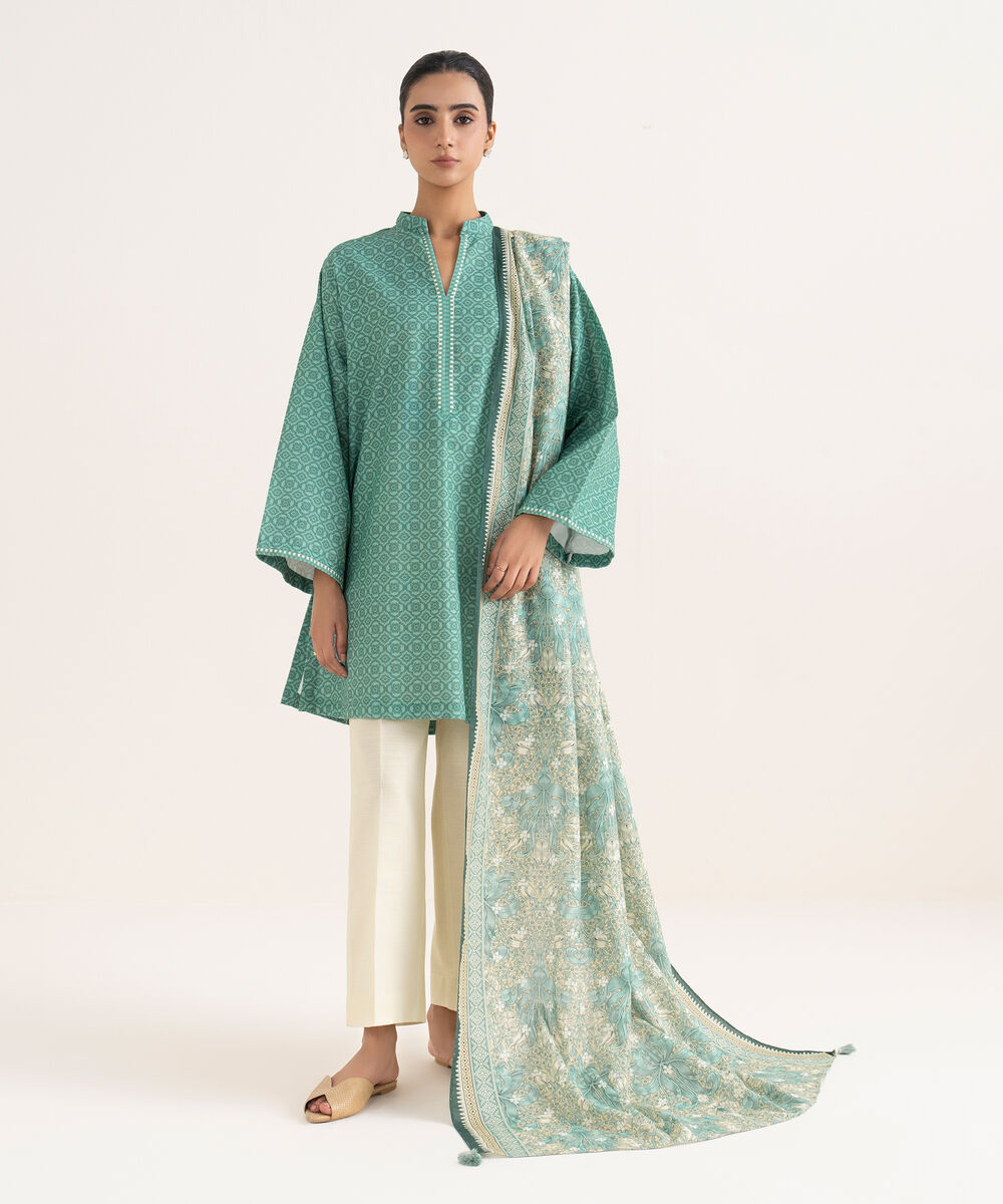 Women's Unstitched Light Khaddar Printed Green Two Piece Suit