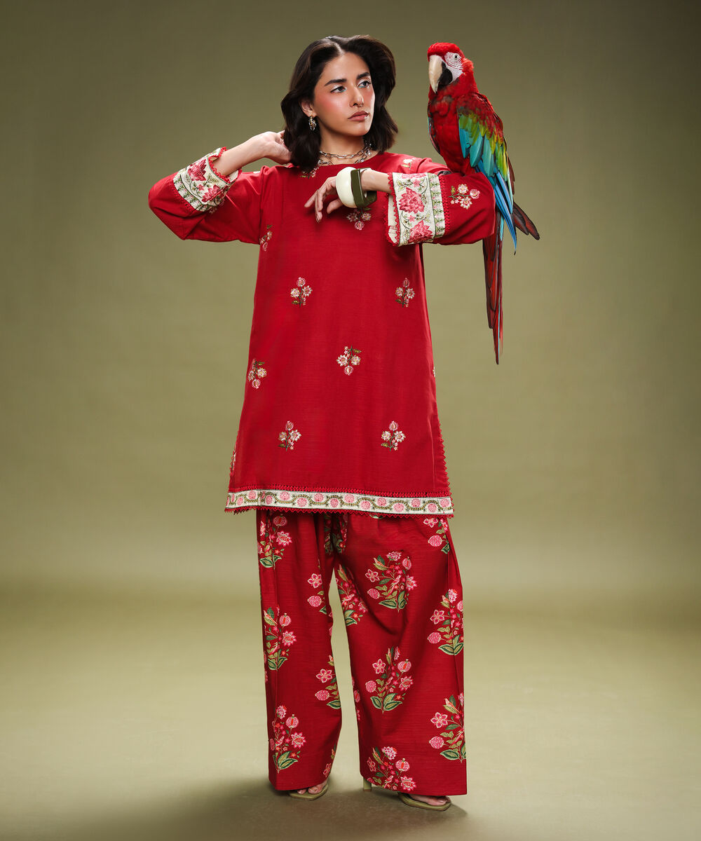 Women's RTW Light Khaddar Embroidered Red Straight Shirt