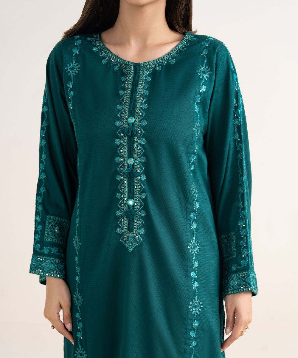 Women's RTW Textured Cotton Green Embroidered A-Line Shirt