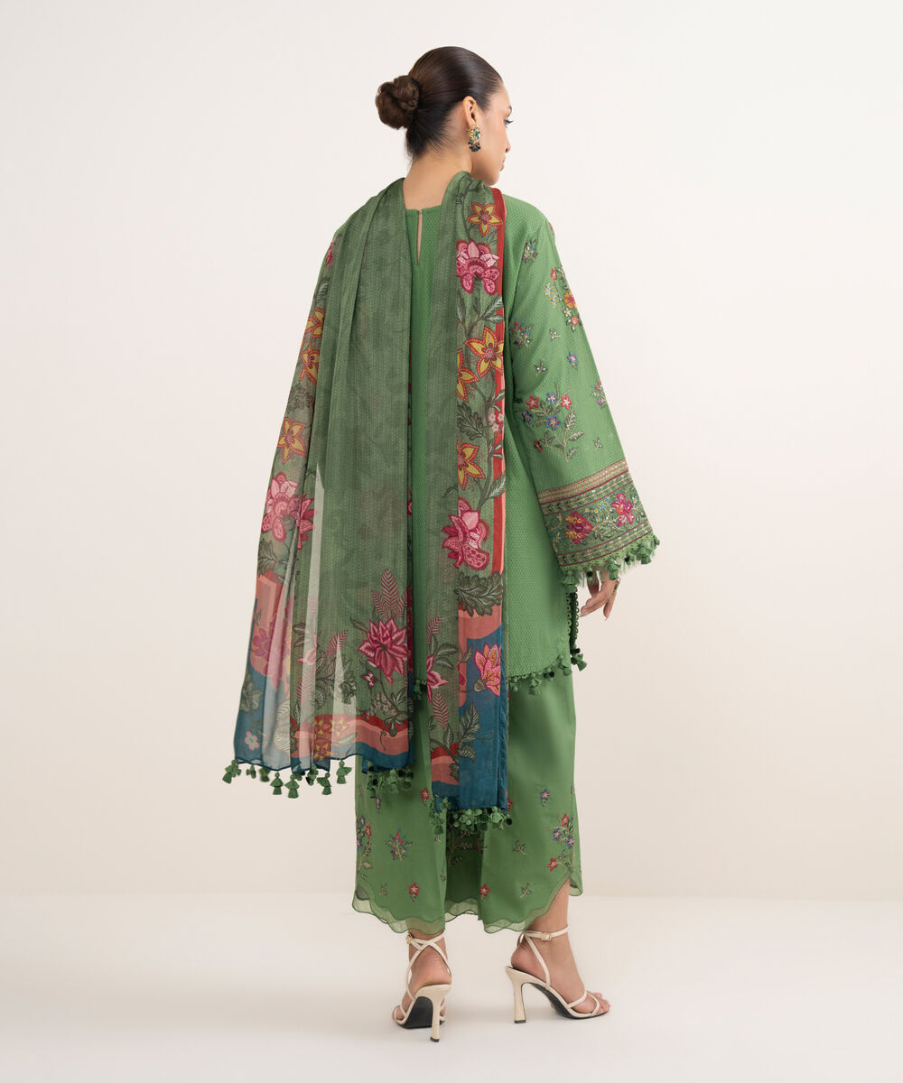 Women's Unstitched Dobby Embroidered Green 3 Piece Suit