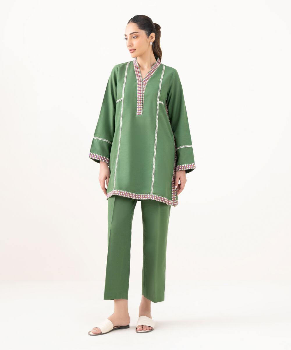 Women's RTW Light Khaddar Embroidered Green Straight Shirt