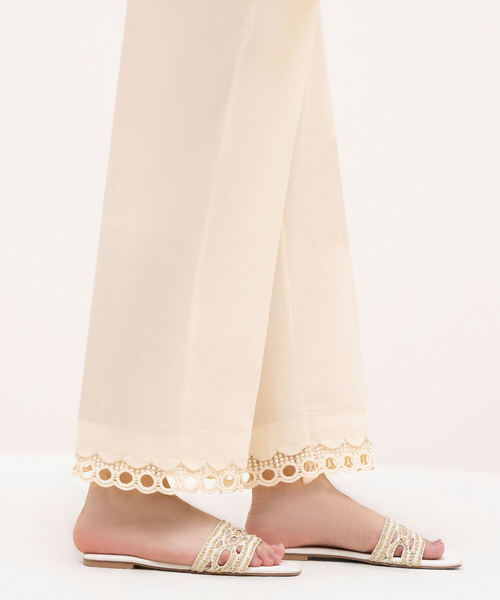 Women's RTW Cambric Off White Solid Straight Pants