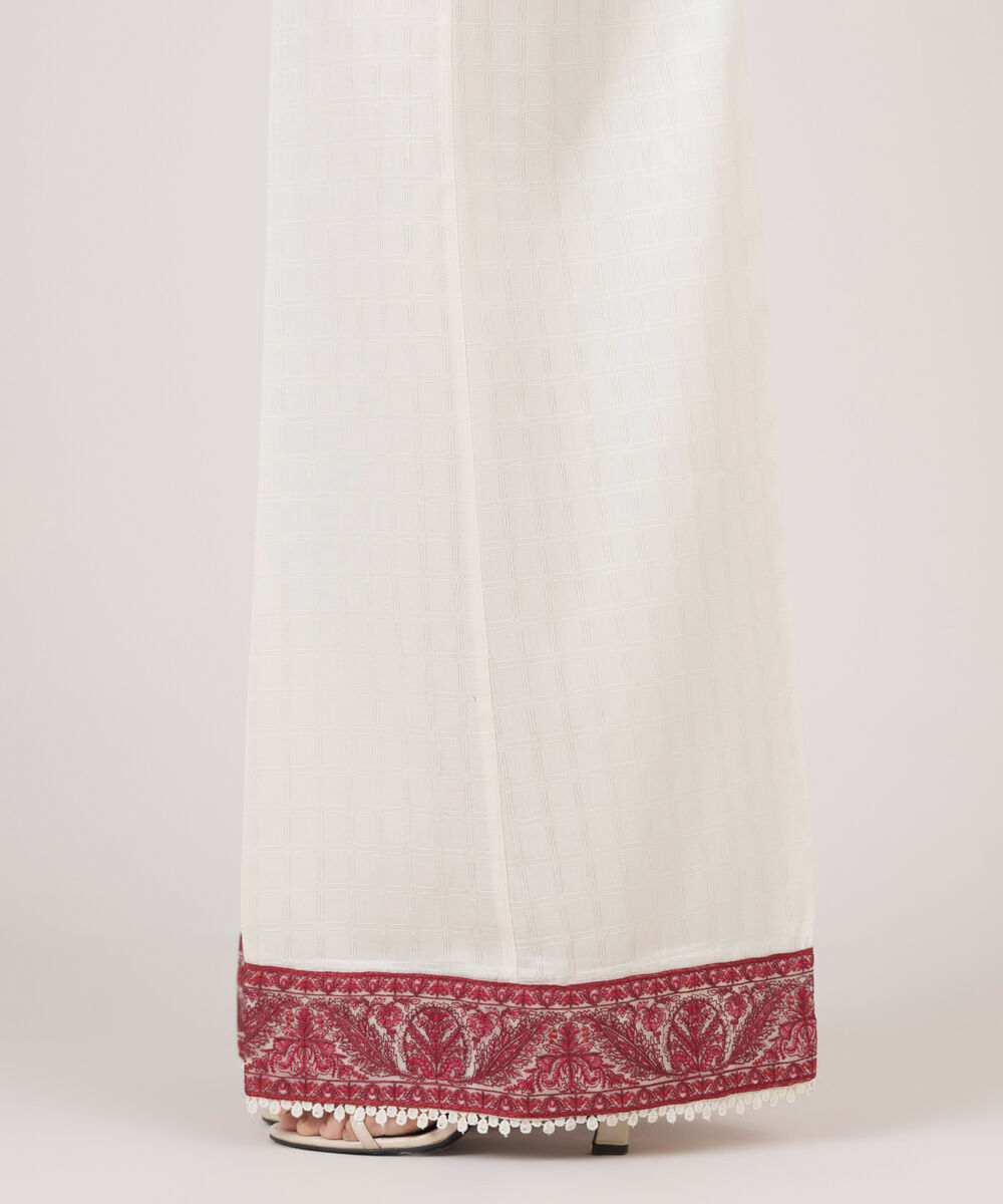 Women's RTW Textured Cotton Off White Embroidered Flared Pants