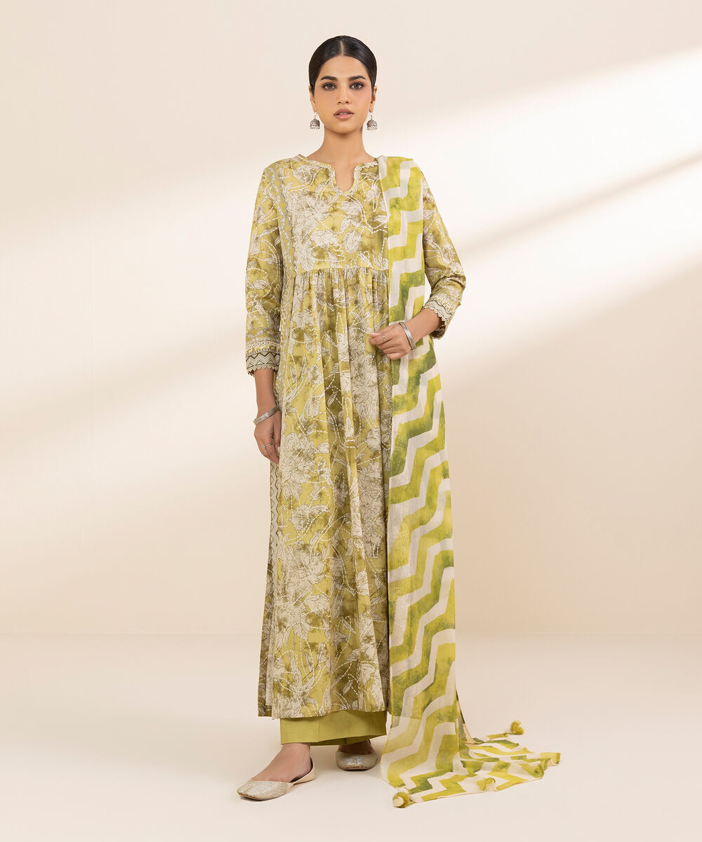Women's Unstitched Lawn Printed Green 3 Piece Suit