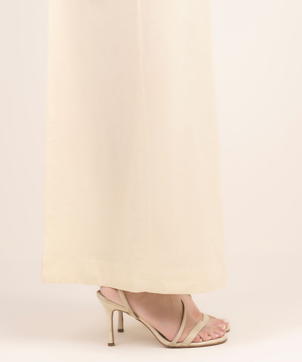 Women's RTW Cotton Viscose Solid Off White Flared Pants