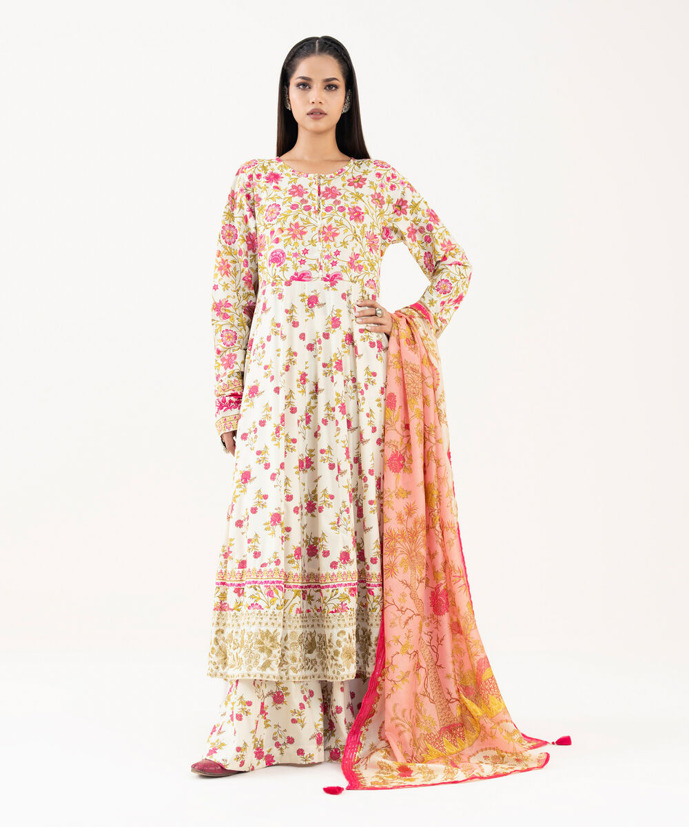 Women's RTW Lawn Viscose Off White Embroidered Pishwas