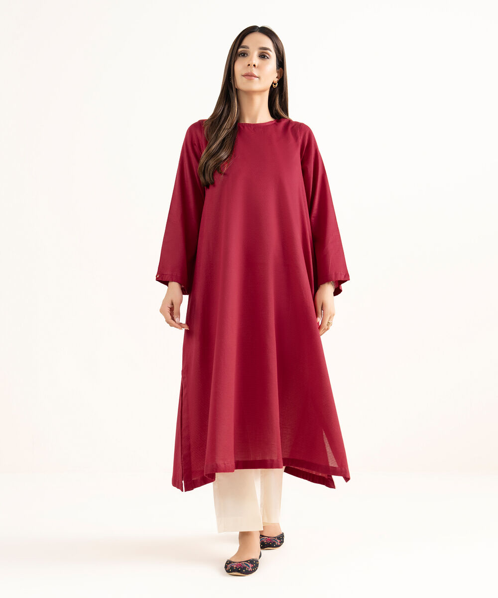 Women's RTW Textured Cotton Red  Solid A-Line Shirt