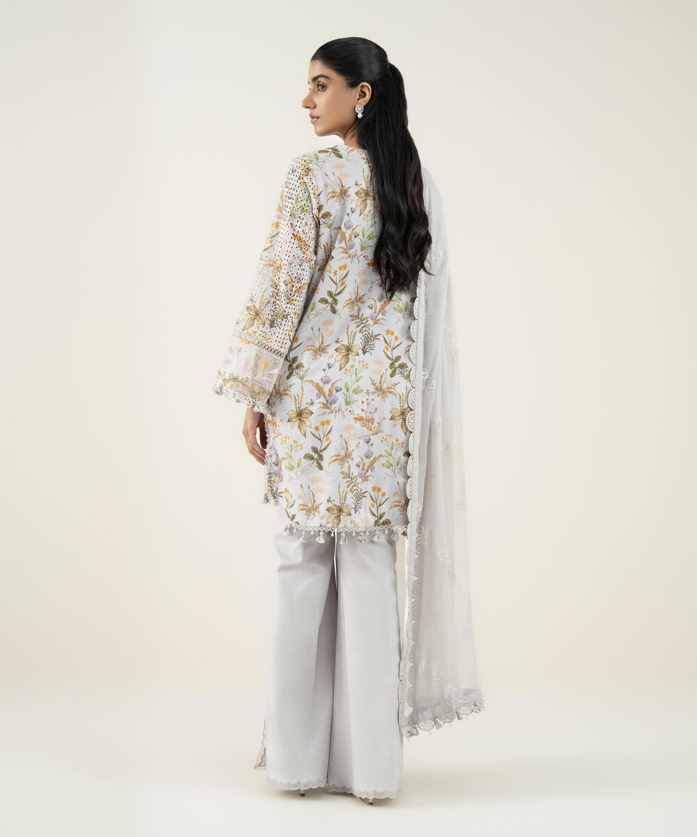 Women's Unstitched Cotton Embroidered Grey 3 Piece Suit