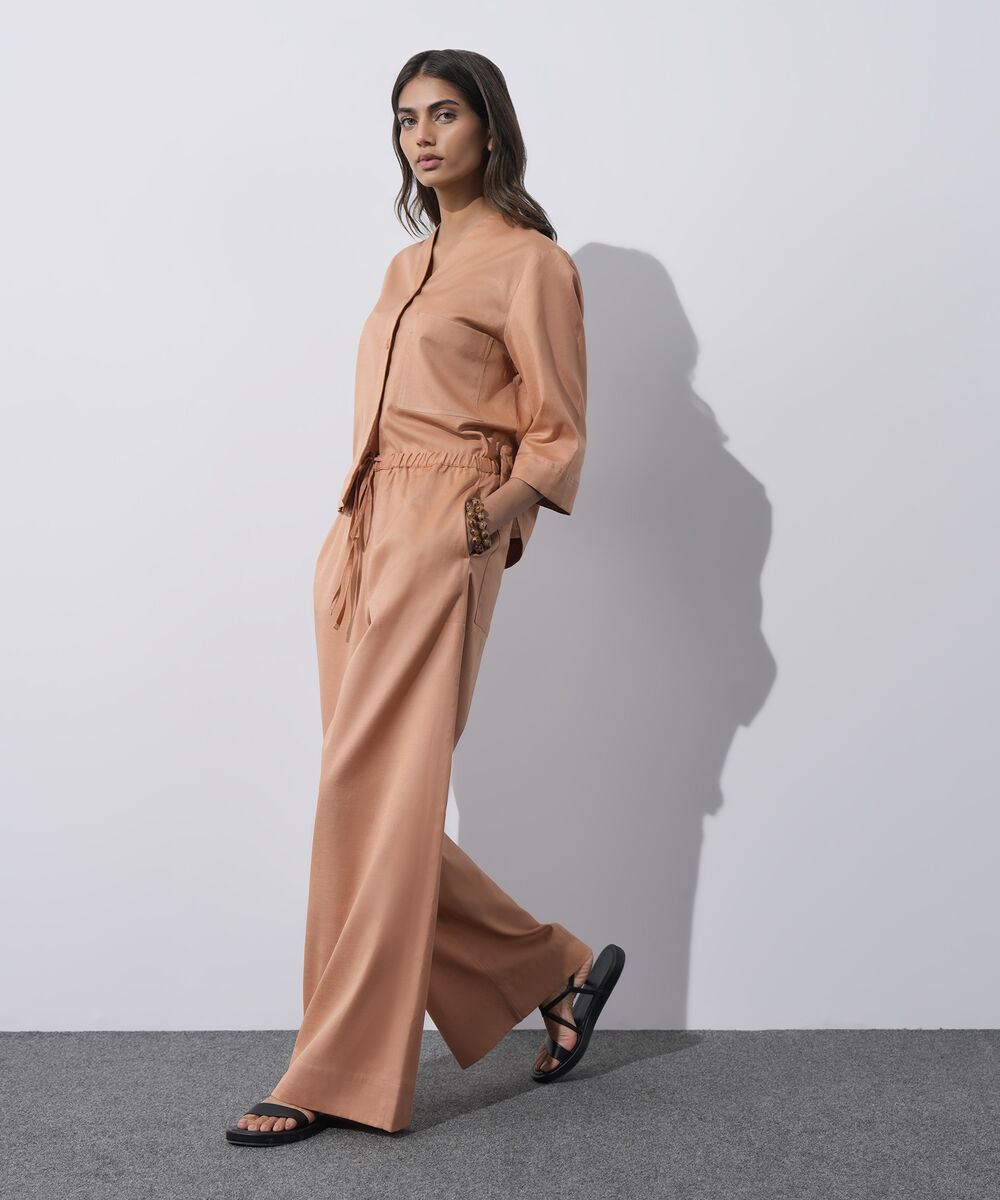 Women's Western Wear Peach Linen Blend Pull On Trousers