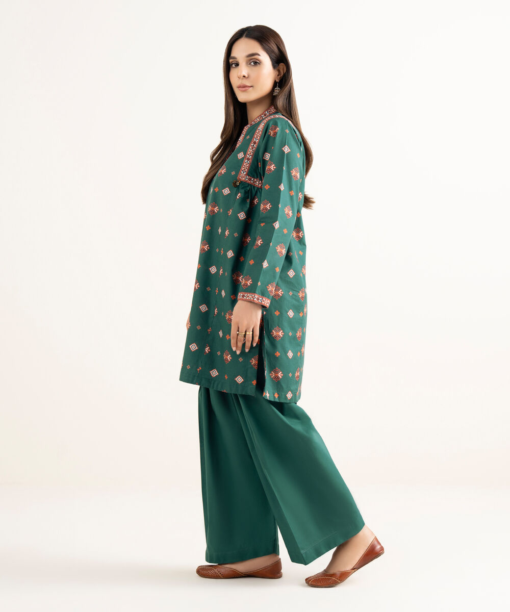 Women's RTW Cambric Green Printed A-Line Shirt