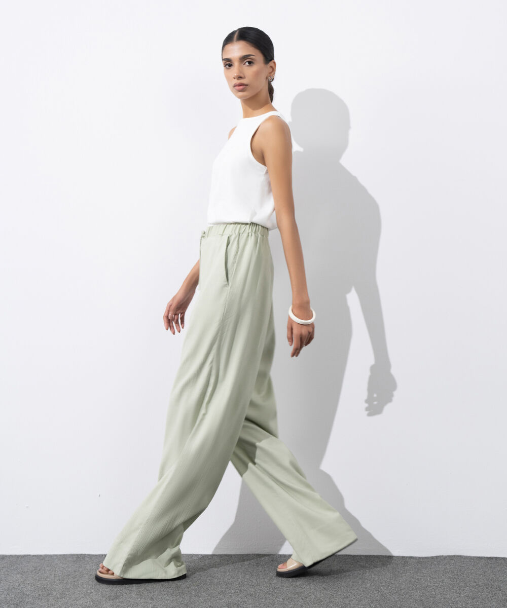 Women's Western Wear Green Wide-Leg Seersucker Trousers