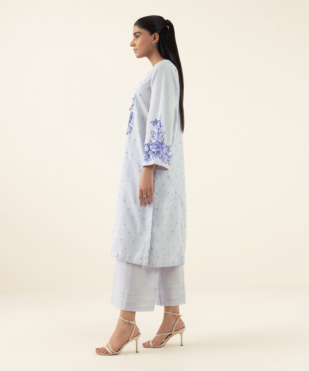 Women's RTW Cotton Jacquard Purple Embroidered A-Line Shirt