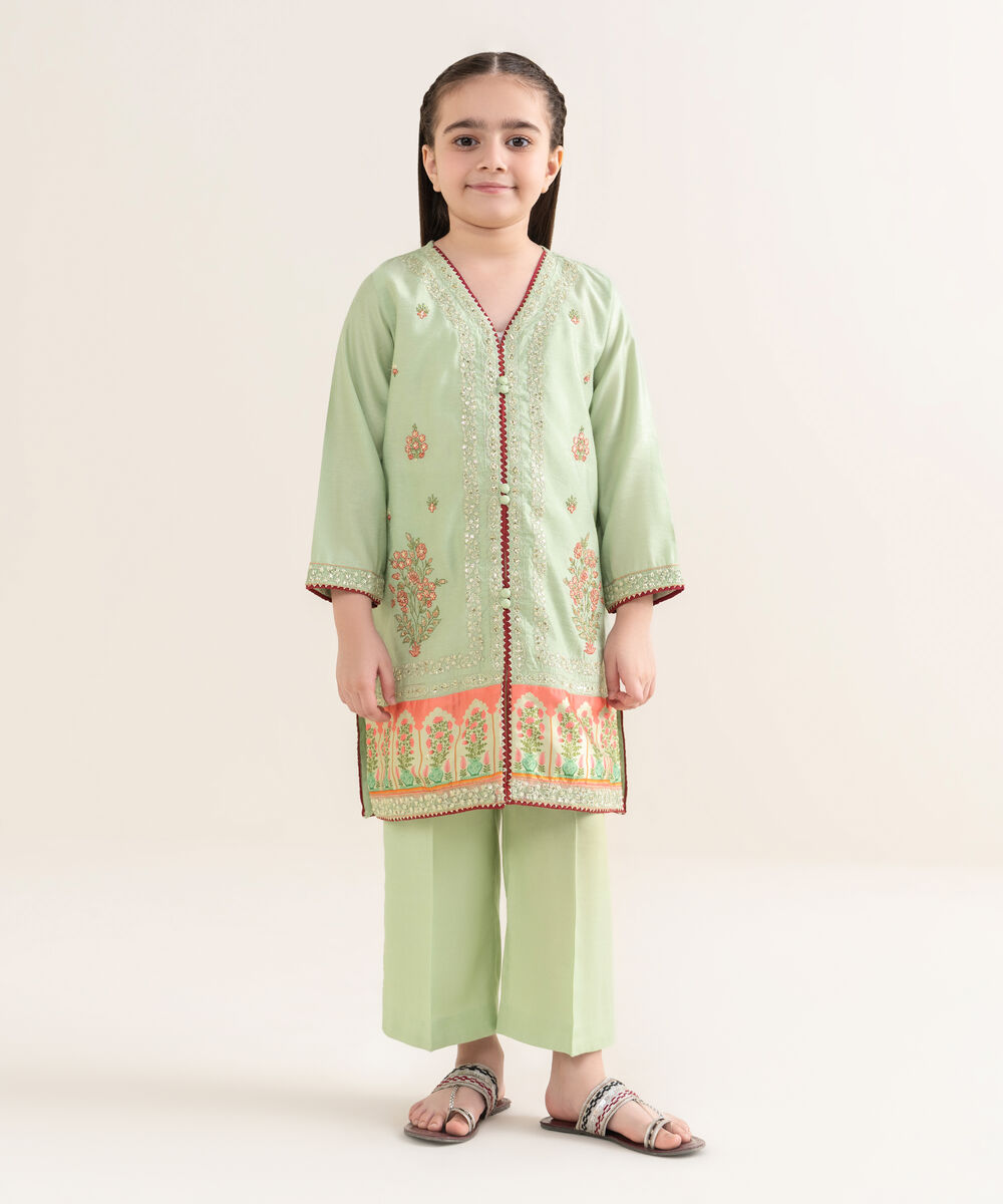 Girl's Silk Cotton Net Embroidered Green 2 Piece Suit