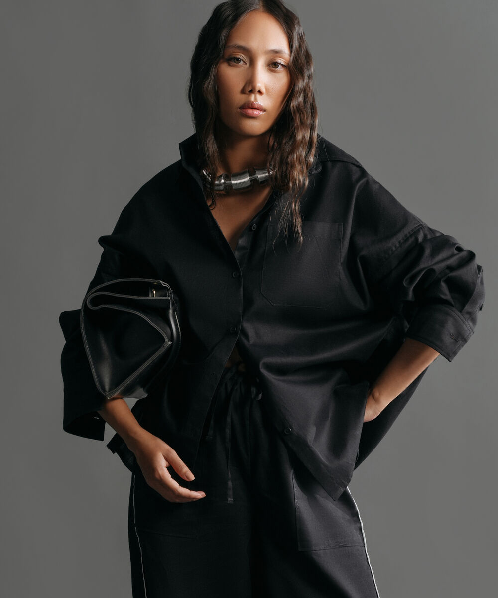 Women's Western Wear Black Oversized Linen Blend Shirt