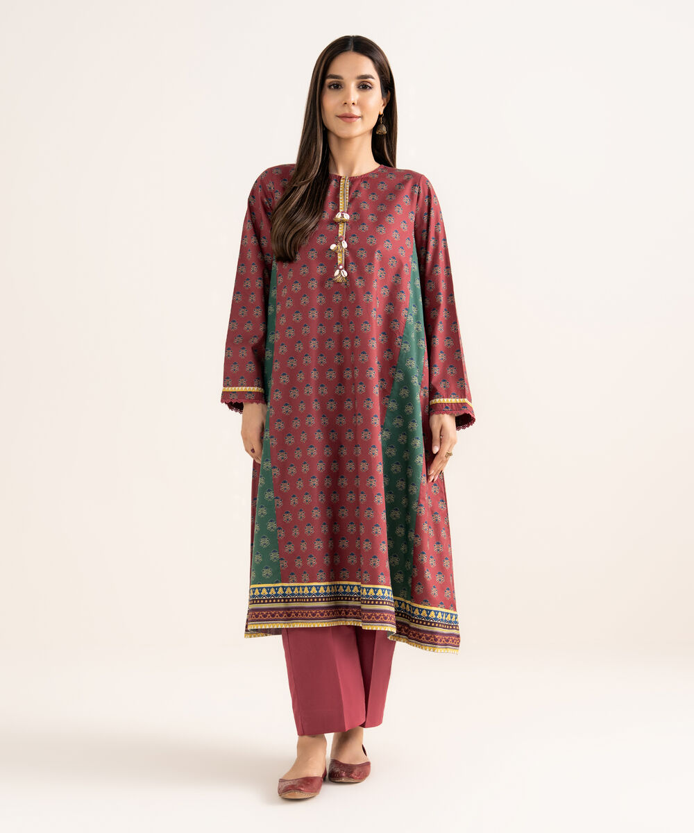 Women's RTW Cambric Maroon Printed A-Line Shirt