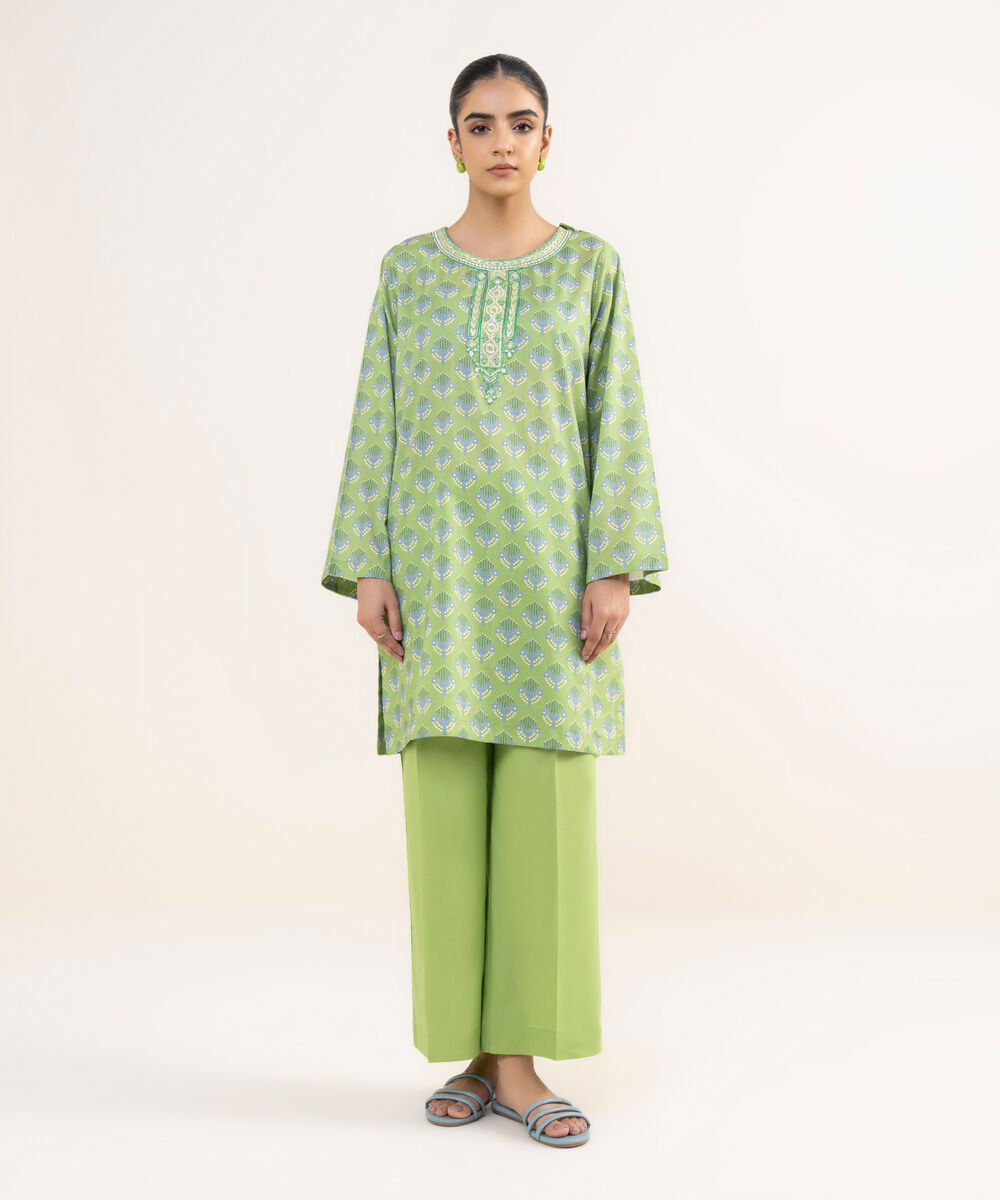 Women's RTW Lawn Green Embroidered Straight Shirt