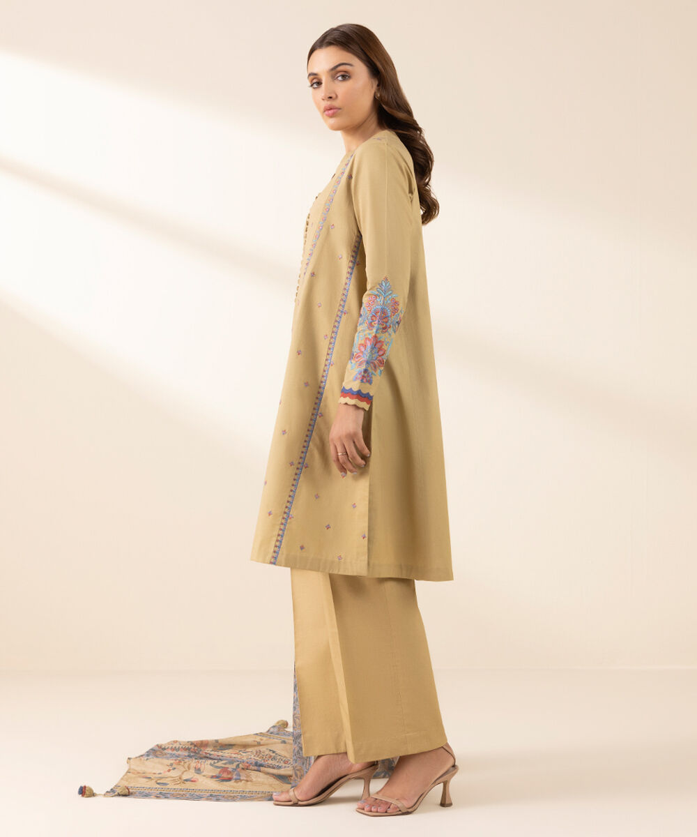 Unstitched Women's Beige Textured Lawn Shirt Dupatta