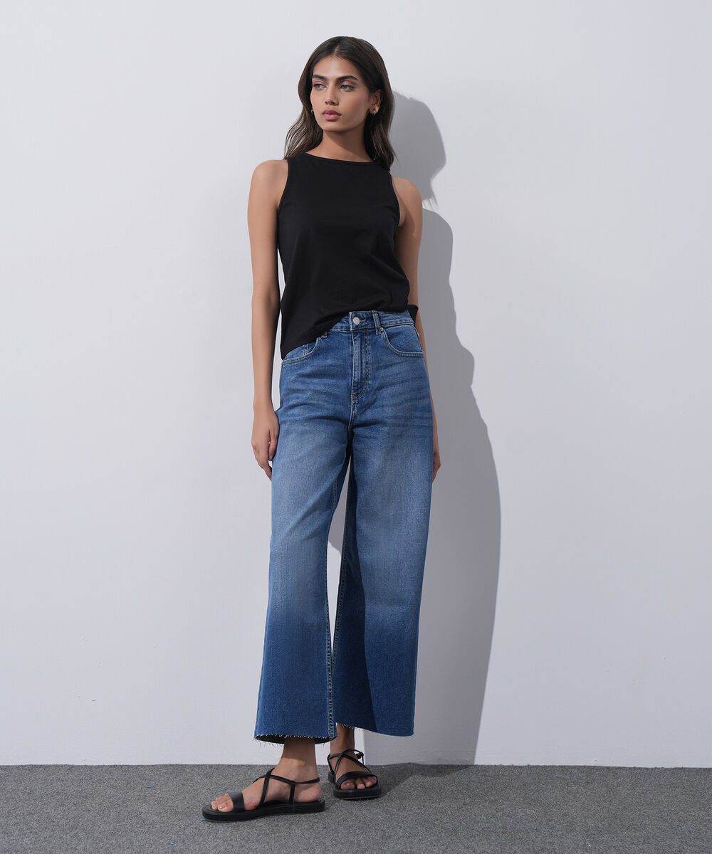 Women's Western Wear Blue Cropped Wide Leg Jeans