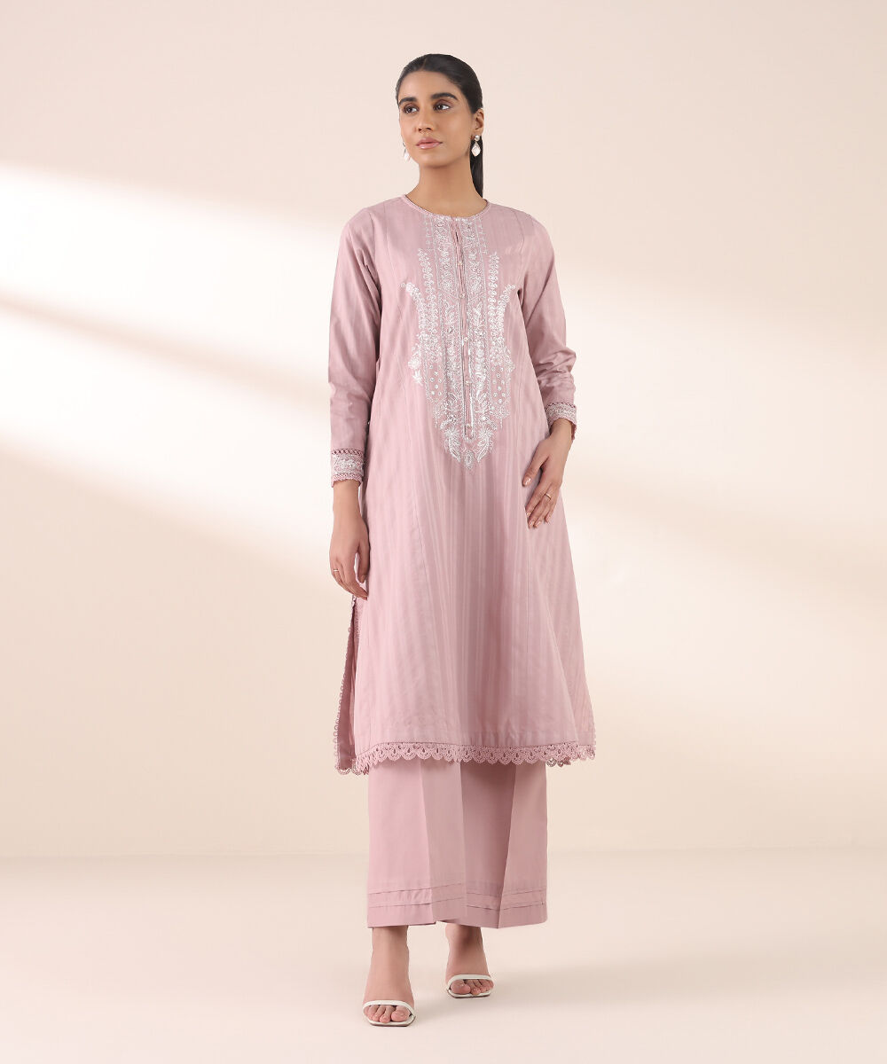 Women's RTW Dobby Pink Embroidered A-Line Shirt