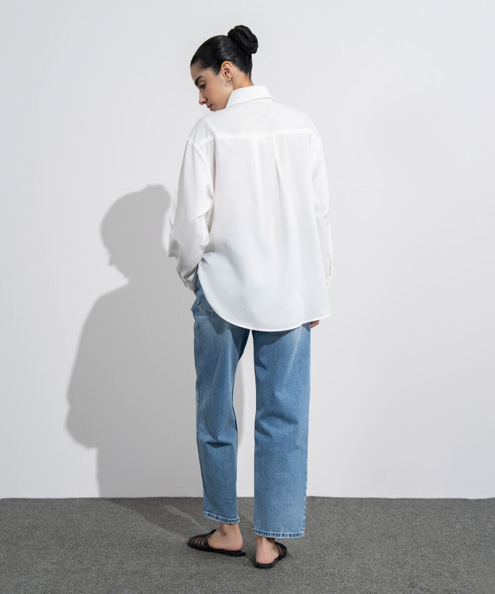 Women's Western Wear White Loose-Fit Oxford Shirt