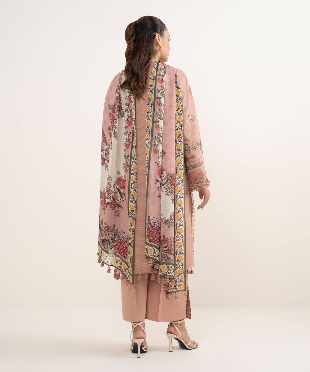 Women's Unstitched Dobby Embroidered Beige 3 Piece Suit