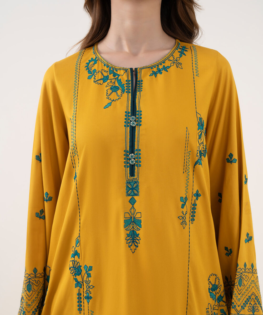 Women's RTW Viscose Marina Embroidered Straight Yellow Shirt