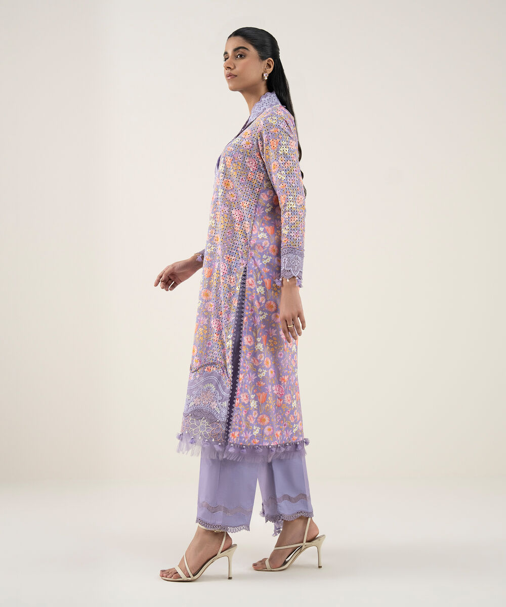 Women's Unstitched Cotton Embroidered Purple 3 Piece Suit