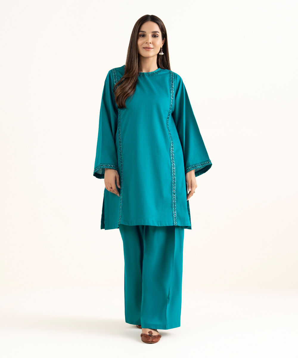 Women's RTW Textured Cotton Blue Embroidered A-Line Shirt