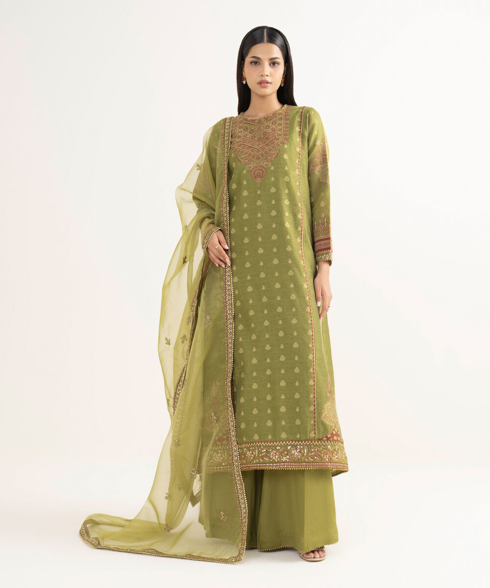 Women's RTW Zari Jacquard Green Embroidered 3 Piece Suit