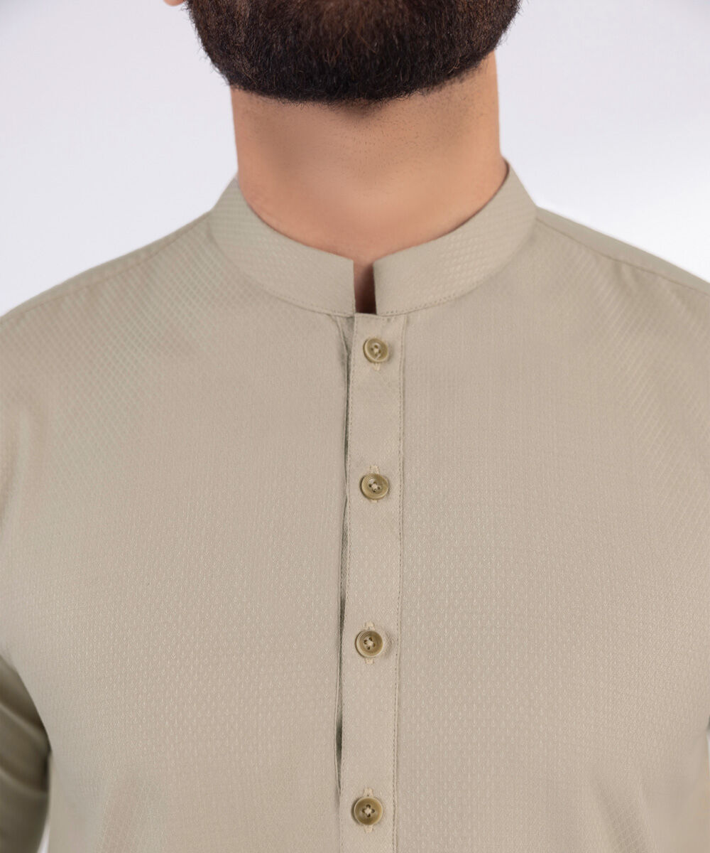 Men's Blended Stitched Plain Beige Kurta