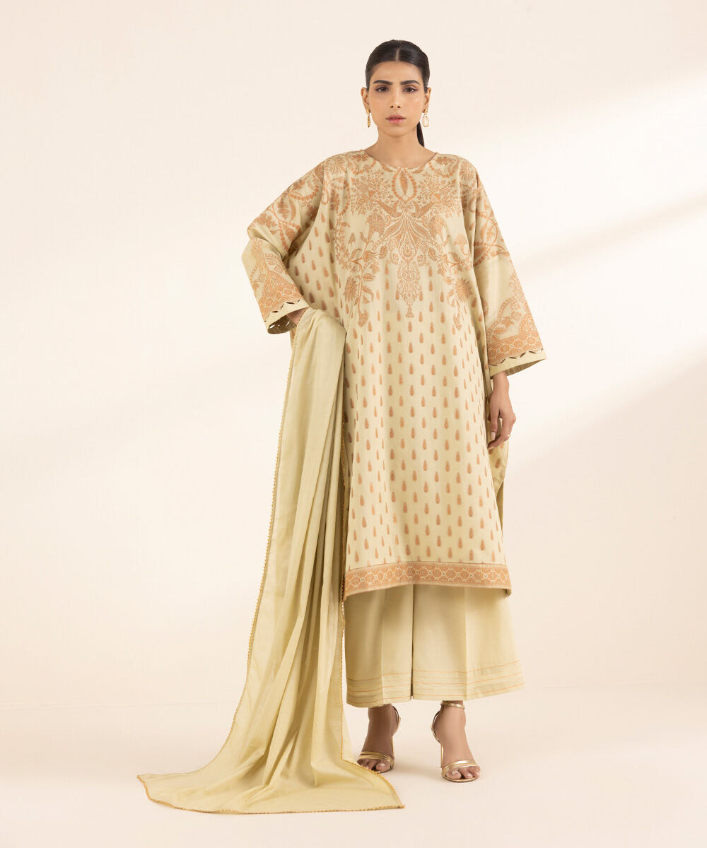 Women's RTW Extra Weft Jacquard Beige Solid Drop Shoulder Shirt