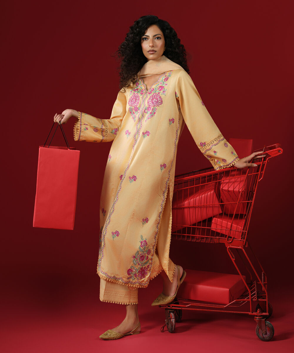 Women's RTW Cotton Satin Orange Embroidered A-Line Shirt