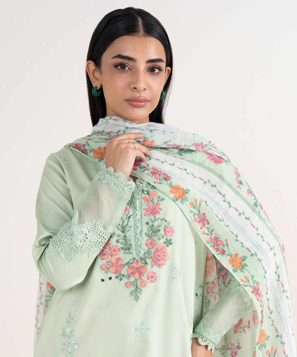 Women's Unstitched Fine Cotton Satin Embroidered Green 3 Piece Suit