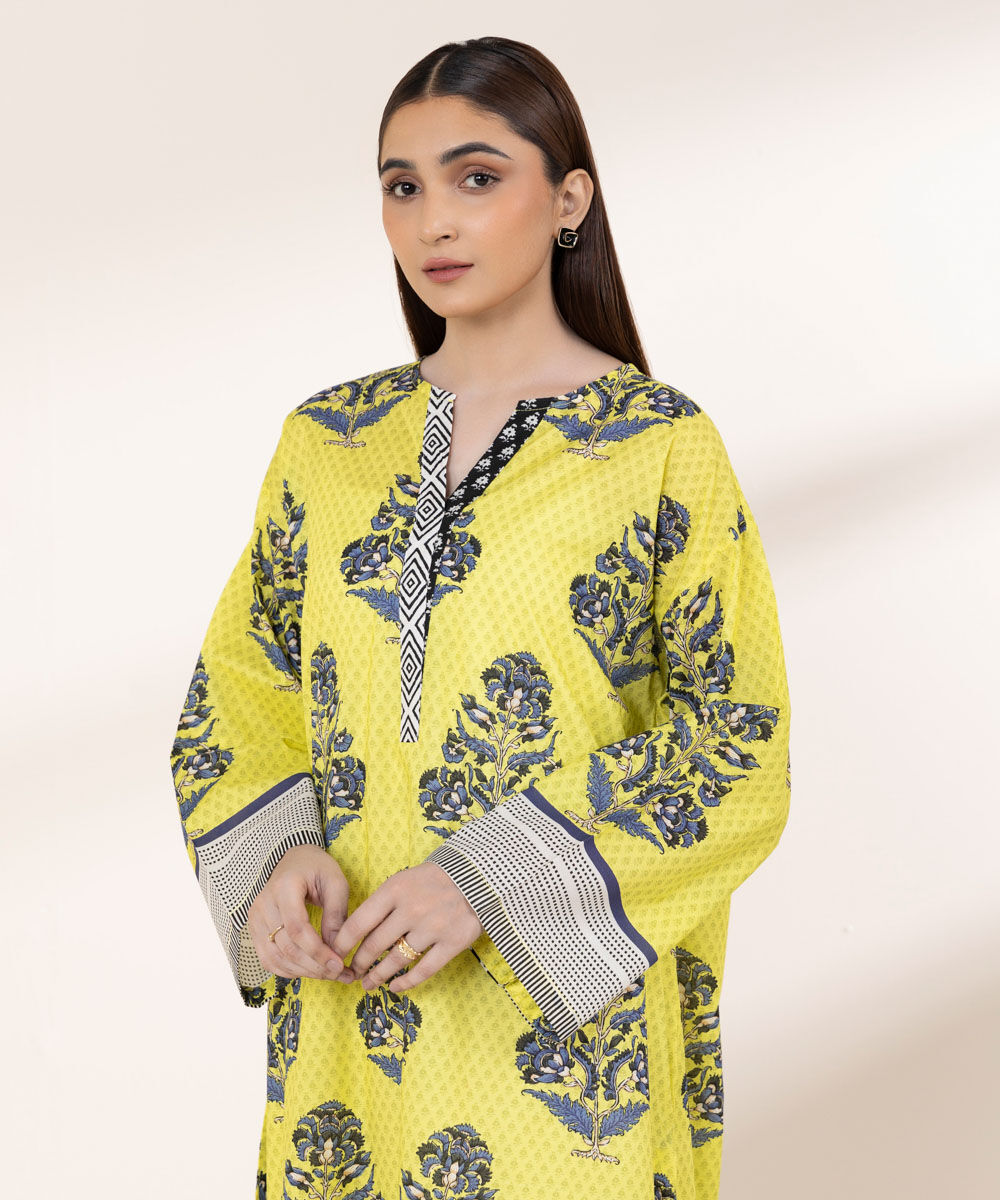 Women's RTW Textured Lawn Yellow Printed Boxy Shirt