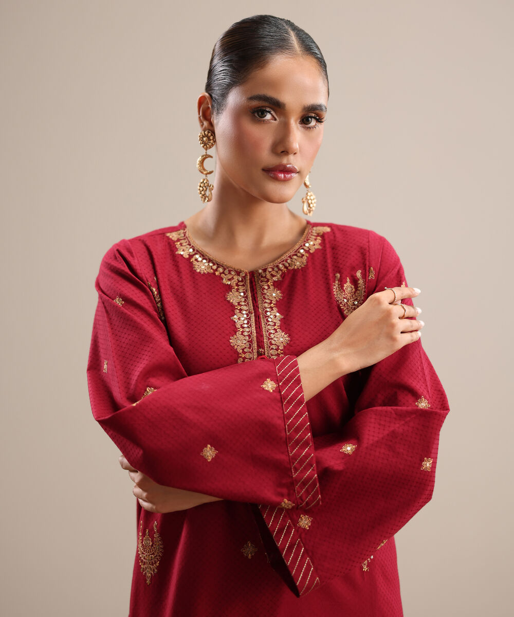 Women's RTW Textured Cotton Maroon Embroidered Straight Shirt